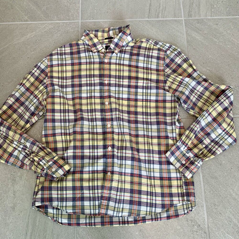 J Crew Yellow Plaid Slim Fit Button Down Long Sleeve Shirt Size XL